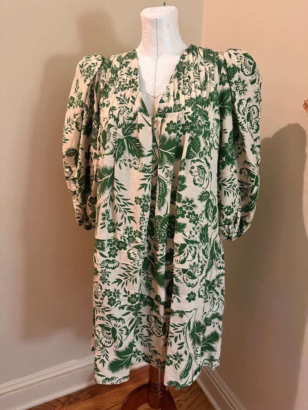 HUNTER BELL Green and Cream Floral Dress with Puff Sleeves